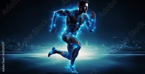 3d render of a figure in blue, 3d render of a person in a blue background, 3d render of a figure, Athlete Running in Digital Blue Network, Sporty Runner in Digital Network © Behal