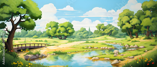 Rural Summer Landscape with Trees and Bridge  Illustrated for a Children s Book