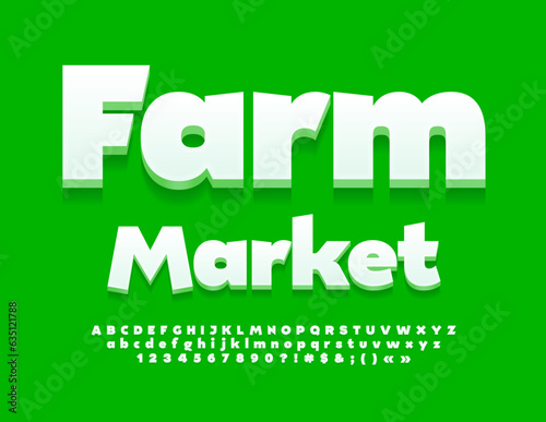 Vector eco template Farm Market. Bold White Font. 3D Alphabet Letters and Numbers set. 