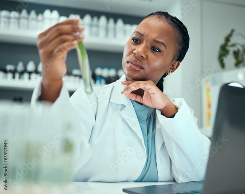 Science lab, black woman and worry for test tube plant, pharmaceutical mistake or research product risk. Investigation problem, laboratory crisis or female scientist analysis of natural medicine fail