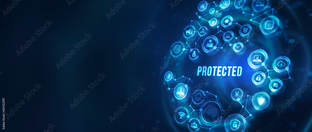 Internet, business, Technology and network concept. Cyber security data protection business technology privacy concept. Protected. 3d illustration Internet, business, Technology and network concept. Cyber security data protection business technology privacy concept. Protected. 3d illustration