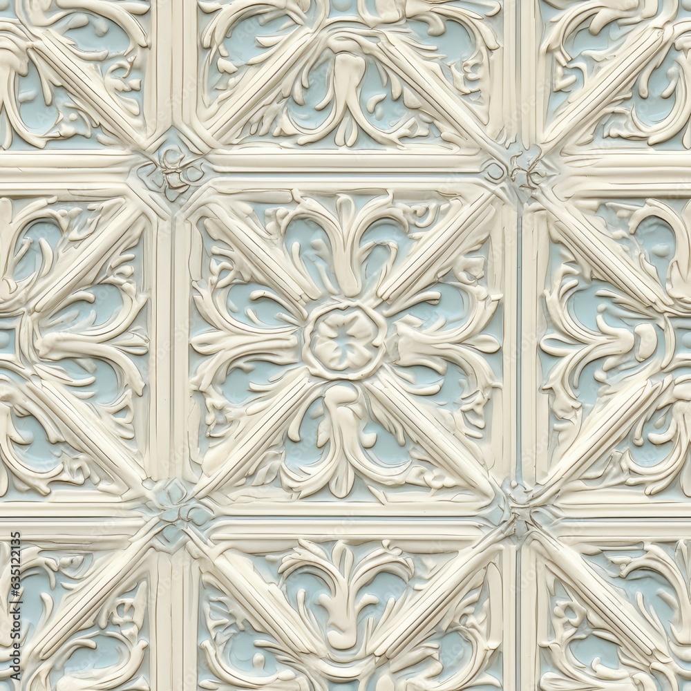 Patterns on the ceiling gypsum sheets of white flowers, plaster background - floral pattern, seamless pattern. SEAMLESS PATTERN. SEAMLESS WALLPAPER. Created with Generative AI technology.