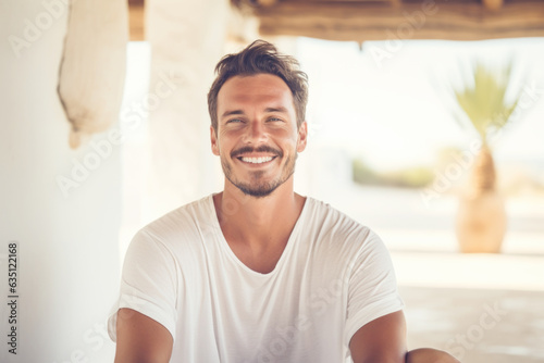 Portrait of happy and smiling yoga teacher in yoga retreat on Ibiza island. photo