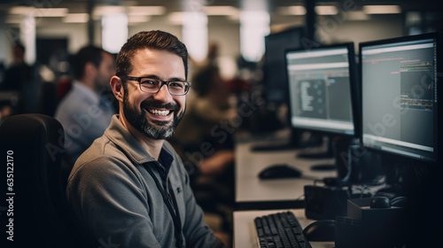 Cheerful programmer man wearing eyeglasses working with computers in office.