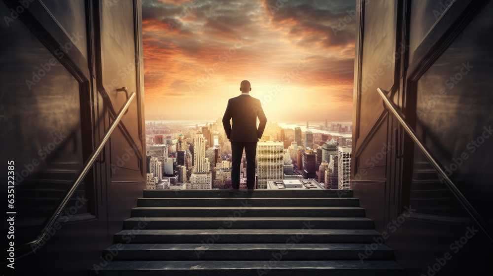 Rear view of a businessman climbing stairs to get to a large city