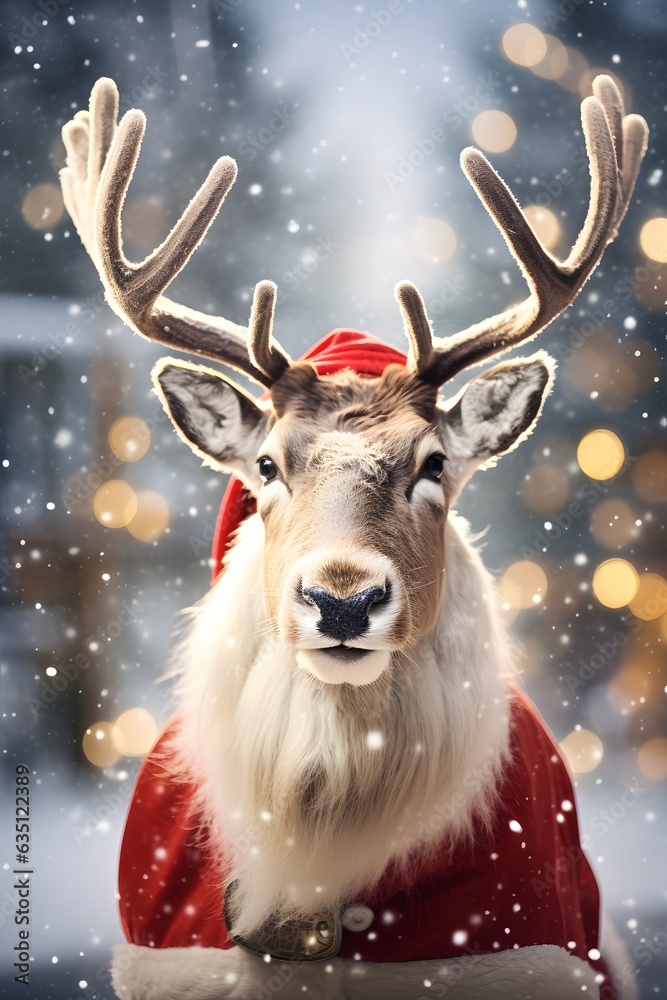 Reindeer portrait with Santa Claus hat. An illustration of an animal with big horns that is a symbol of Christmas. Minimal holiday concept.