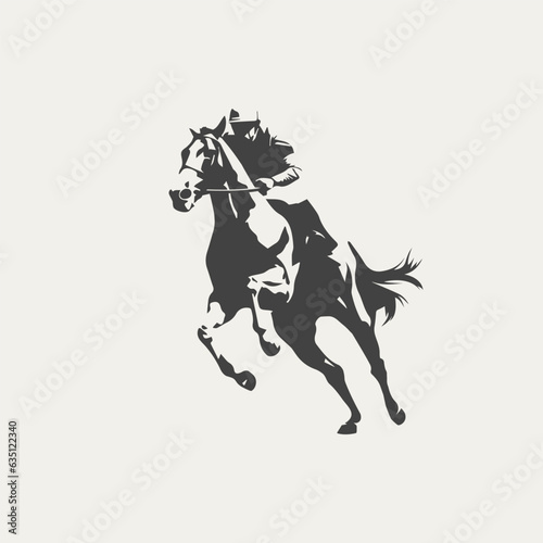 Valokuvatapetti Black and white silhouette of a jockey and a horse during a race