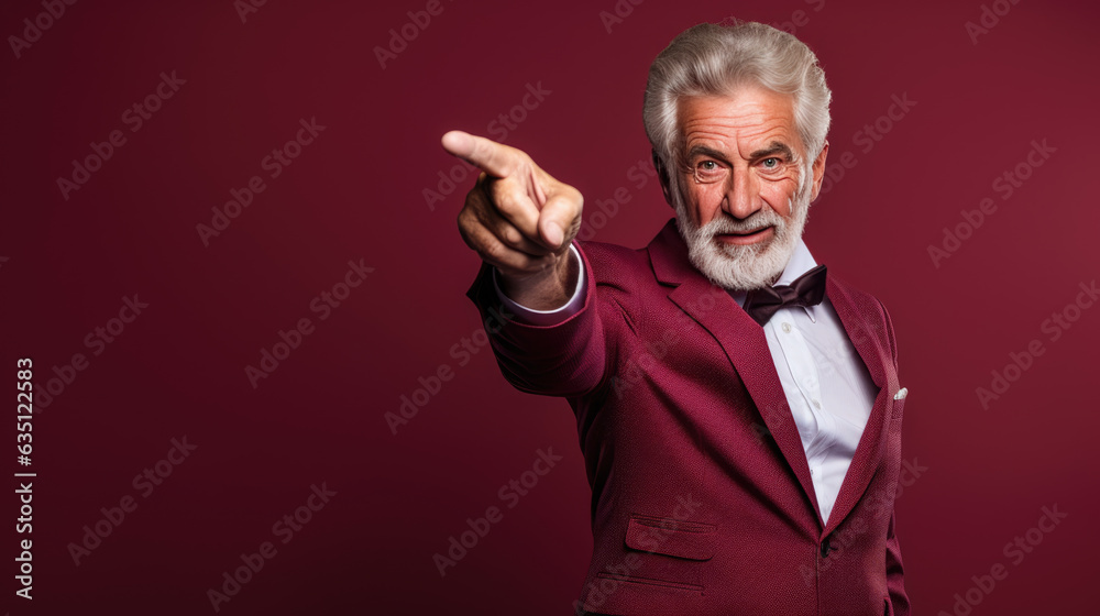 Senior man pointing with hand and finger to the side looking at the camera.