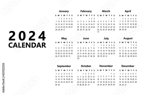 Vertical calendar for 2024 in black and white. Minimal style new year