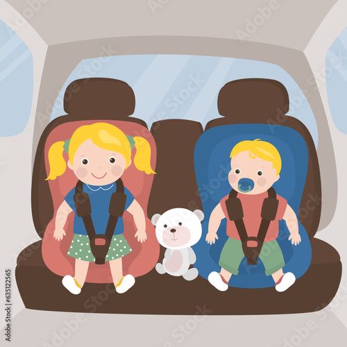Cute little kids sitting in car seats, safety car transportation of small children. Baby on board. Child safe, comfortable drive in car. Family travel. Calm babies on backseat.