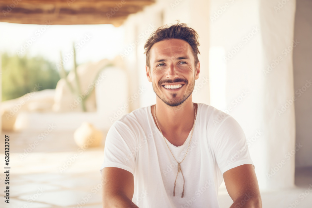 Portrait of happy and smiling yoga teacher in yoga retreat on Ibiza island.