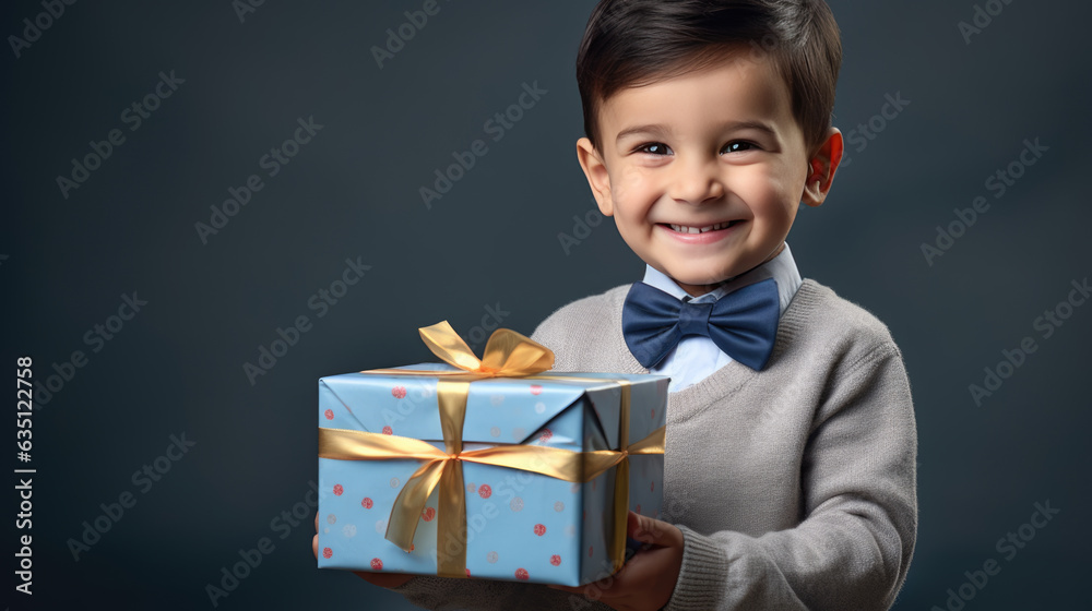 Happy smiling boy holding gift box on a colored background Happy smiling boy holding gift box on a colored background