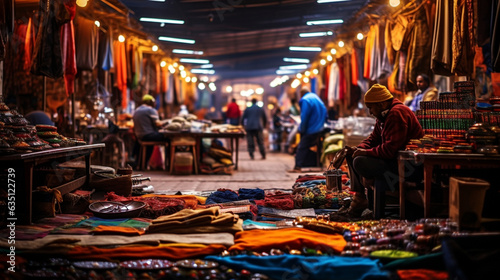 People weaving through the vibrant stalls of Marrakech's Jemaa el-Fnaa market, the colorful textiles and spices captivating their senses  photo