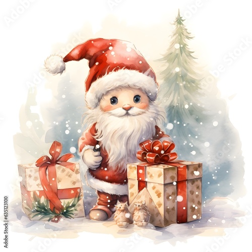 Santa claus with box, present, gift for good children. Surprise for kids. A little Santa Claus on blurred background.