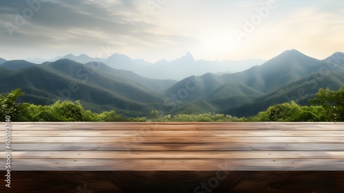 Empty wood table top and blur mountain background. banner mock up - can used for display or montage your products.