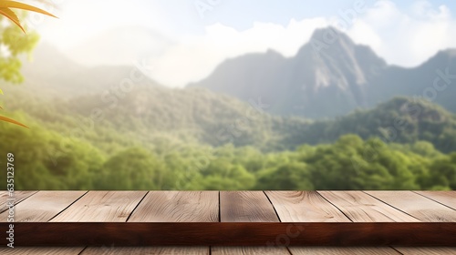 Empty wood table top and blur mountain background. banner mock up - can used for display or montage your products.