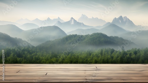 Empty wood table top and blur mountain background. banner mock up - can used for display or montage your products.