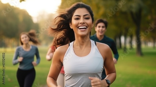 Latin American woman and her friends are running for health in the morning sunrise at park.