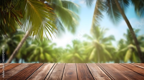 Empty wood table top and blur tropical background. banner mock up - can used for display or montage your products.