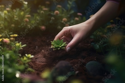 Female woman hands plant a small green sprout nature environment concept realistic agriculture illustration Generative Ai