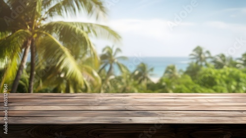 Empty wood table top and blur tropical background. banner mock up - can used for display or montage your products.