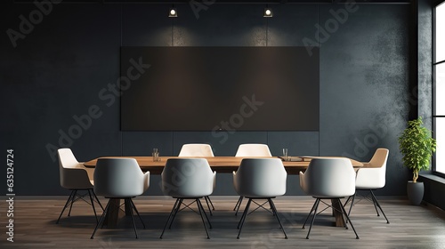 Front view of empty modern conference room with office table and chairs with dark cement wall, Generative AI