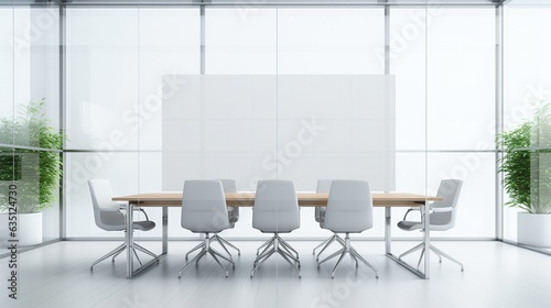 Front view of empty modern conference room with office table and chairs in glass room,  Generative AI