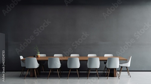 Front view of empty modern conference room with office table and chairs with dark cement wall, Generative AI