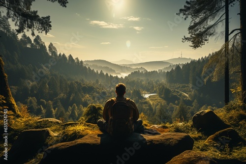 Back view of seated man on lookout, absorbing panoramic forest landscape Generative AI