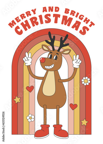 Christmas greeting card with reindeer and rainbow in groovy retro style. Template for Merry Christmas and Happy New year greeting card, poster, party invitation.