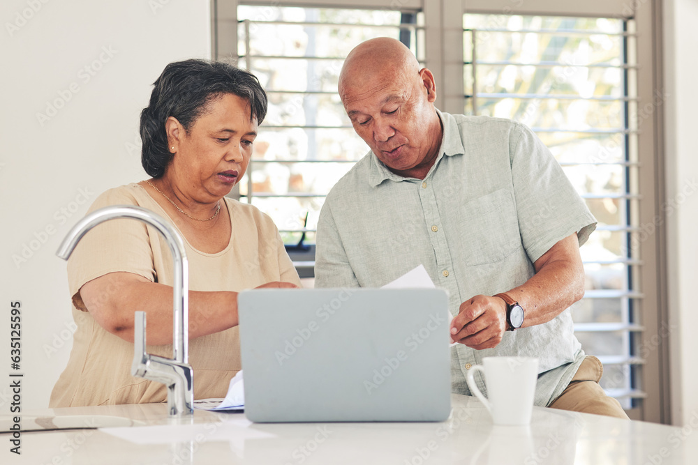 Fototapeta premium Laptop, planning and finance with old couple in kitchen for budget report, payment and mortgage. Accounting, online banking and savings with senior man and woman for investment, retirement and taxes