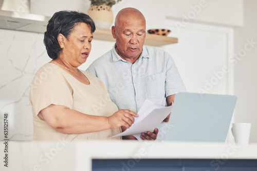 Laptop, documents and finance with old couple in kitchen for budget report, payment and mortgage. Accounting, online banking and savings with senior man and woman for investment, retirement and taxes
