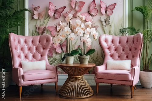 Modernes Wohnzimmer Interieur, Sitzecke, zwei pinke Ledersessel vor grüner und weißer Tapete mit pinken Schmetterlingen und Pflanzen, Holzparkett, Beistelltisch mit Orchideen
