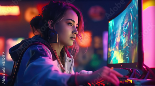 Professional gamer girl plays video games on RGB pc