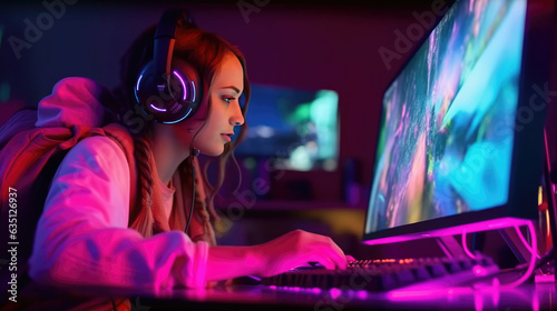 Professional gamer girl plays video games on RGB pc