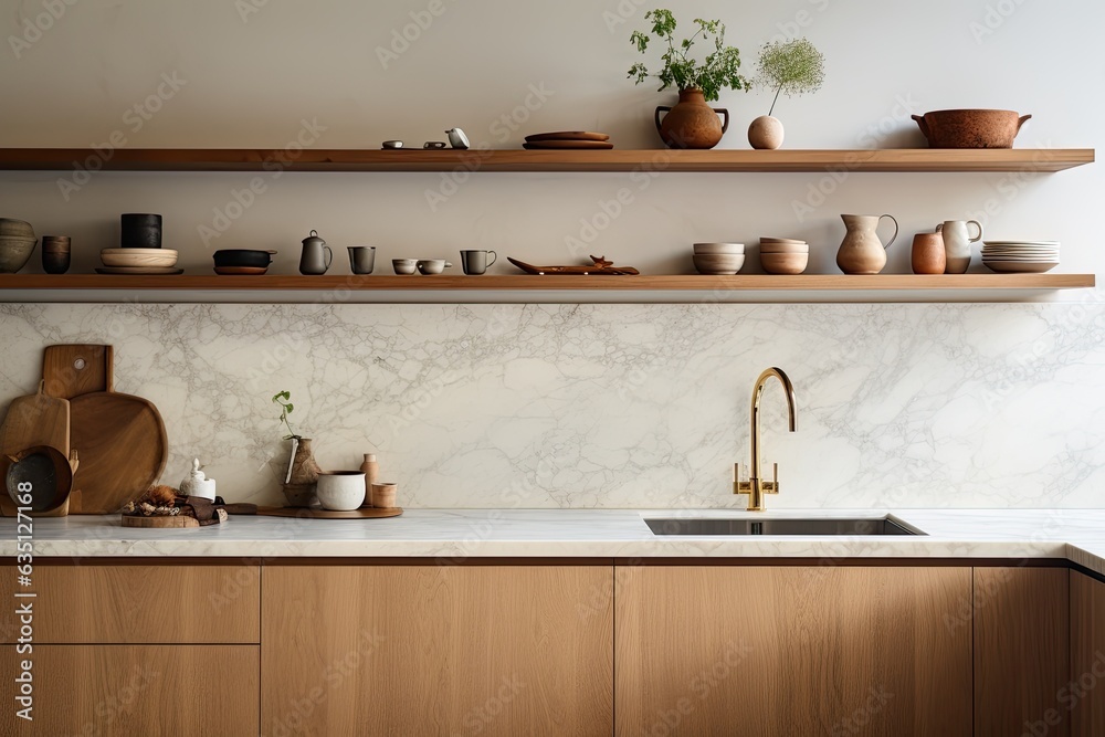 a kitchen with a double sided marble and wooden details, upper
