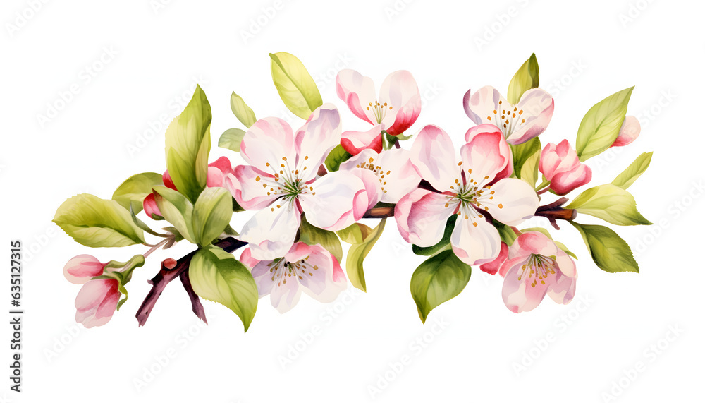 Apple Blossoms Watercolor Floral Elements on White, Ideal for Greeting Cards, Invitations, Textiles, and Printing