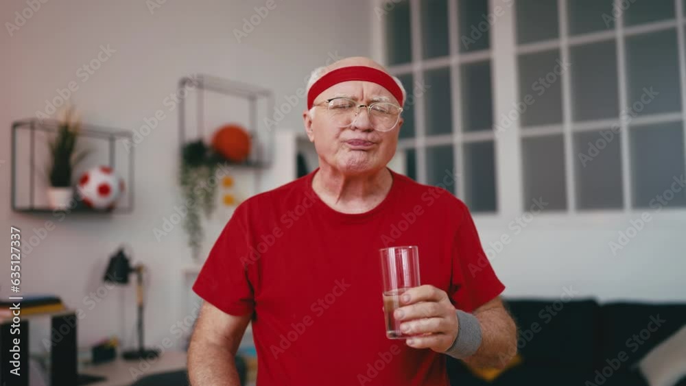 Comic senior man taking supplement, vitamins for seniors, happy retirement Comic senior man taking supplement, vitamins for seniors, happy retirement