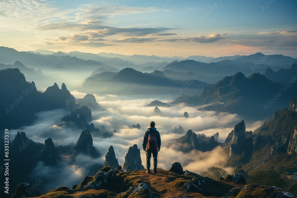 Fototapeta premium Fog draped peaks, backpackers silhouette, arms extended, immersed in morning mountain beauty Generative AI