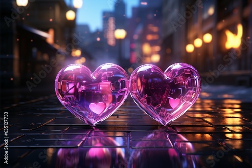 Neon hearts stand side by side, exuding a vivid and captivating radiance Generative AI