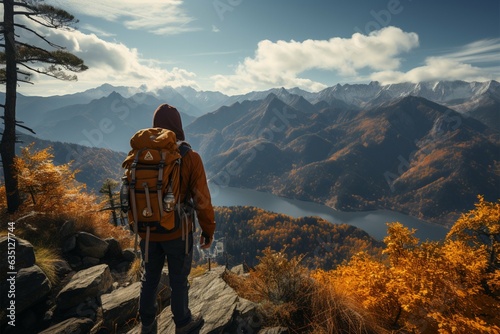 Natures reward, successful hiker enjoys mountaintop view, a tangible accomplishment Generative AI