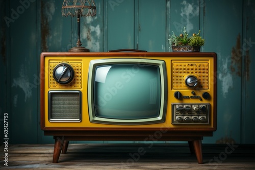 Nostalgic charm, vintage yellow TV rests on wooden table, mint blue backdrop Generative AI