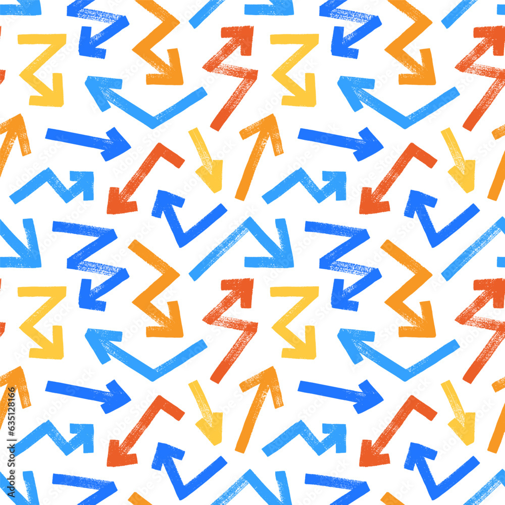 Various bold brush drawn arrows colorful seamless pattern. Hand drawn different straight lines with angles, bold lightning shaped arrows. Seamless abstract geometric pattern in sketchy grunge style. Various bold brush drawn arrows colorful seamless pattern. Hand drawn different straight lines with angles, bold lightning shaped arrows. Seamless abstract geometric pattern in sketchy grunge style.