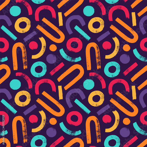 Aesthetic seamless pattern with arches, circles and straight line in multi colors. Brush drawn bold geometric shapes pattern. Minimalist vector Illustrations with arches and colorful round shapes.