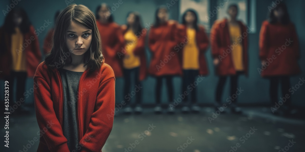 Bullying and harassment: A sad young girl in a red coat is upset at having been teased by other children.  Teasing children look on in the background. Shallow depth of field. Inclusion training.