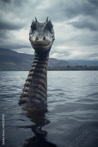 loch ness monster head and neck above water in lake caught on camera in beautiful scottish landscape