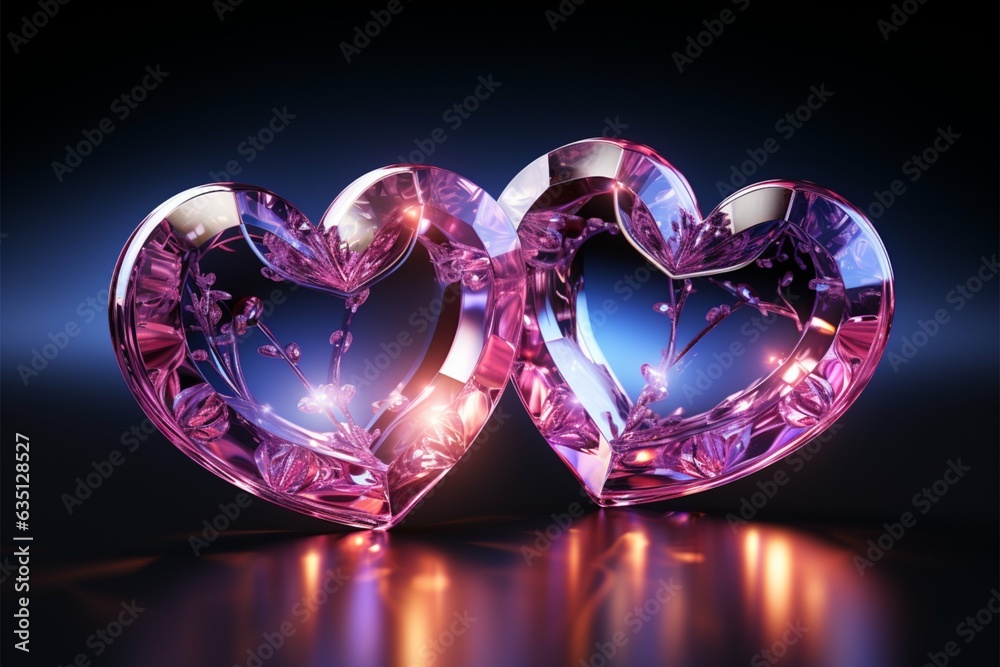 Twin neon hearts create a mesmerizing display, embodying loves radiant energy Generative AI Twin neon hearts create a mesmerizing display, embodying loves radiant energy Generative AI