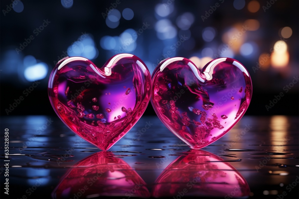 Two neon hearts lights Illustration Generative AI
