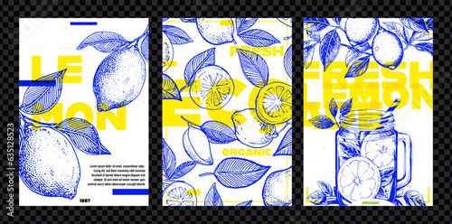 Hand drawn lemon fruits posters set. Blue and yellow vector illustration in engraving style. Design forposter, packaging, invitation, greeting cards. photo