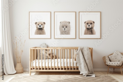 a wall frame mockup in a childrens room with a nursery interior, featuring boho, Scandinavian, and eco styles.